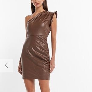 Body Contour Faux Leather One Shoulder Mini Sheath Dress, Size Small, Express